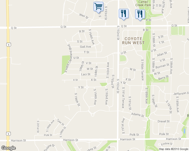 map of restaurants, bars, coffee shops, grocery stores, and more near 19417 194th Street in Omaha