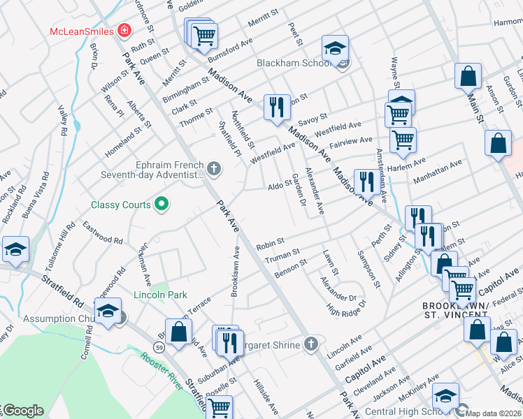 map of restaurants, bars, coffee shops, grocery stores, and more near 3030 Park Avenue in Bridgeport