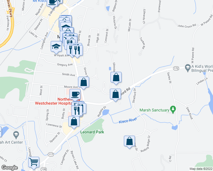 map of restaurants, bars, coffee shops, grocery stores, and more near 200 Woodcrest Lane in Mount Kisco