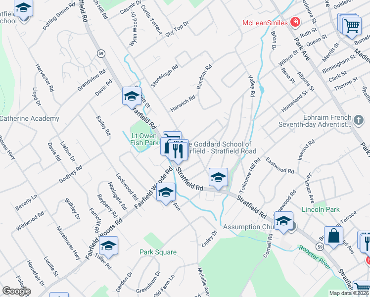 map of restaurants, bars, coffee shops, grocery stores, and more near 261 Church Hill Road in Fairfield