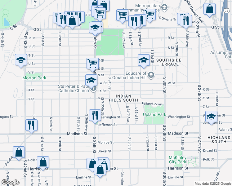 map of restaurants, bars, coffee shops, grocery stores, and more near 3402 X Street in Omaha