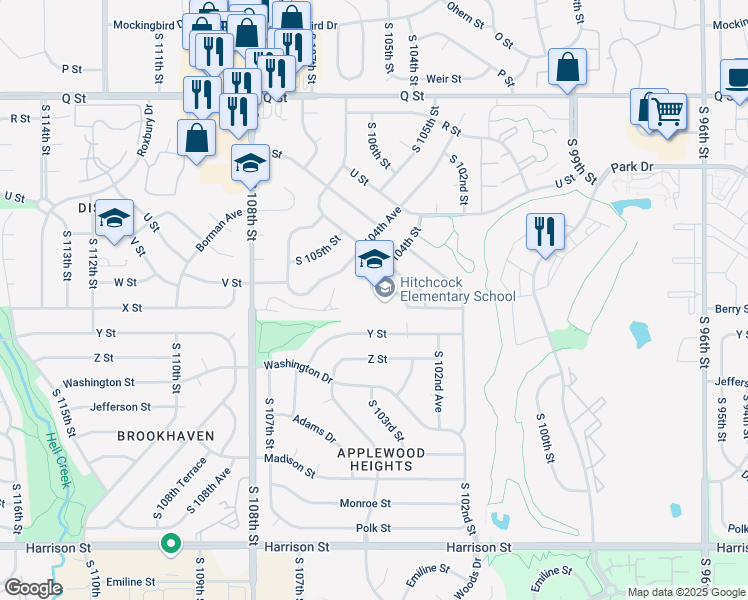 map of restaurants, bars, coffee shops, grocery stores, and more near 5809 South 104th Street in Omaha