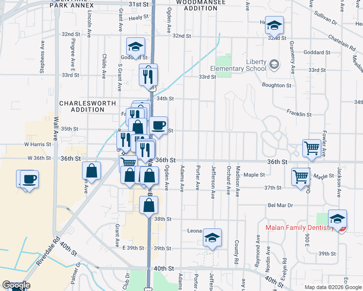 map of restaurants, bars, coffee shops, grocery stores, and more near 3534 Ogden Avenue in Ogden