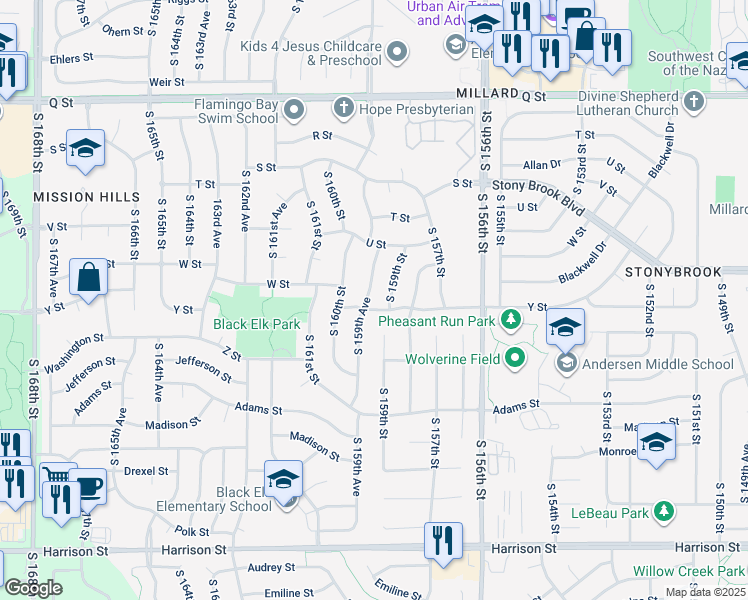 map of restaurants, bars, coffee shops, grocery stores, and more near 5810 South 159th Avenue in Omaha