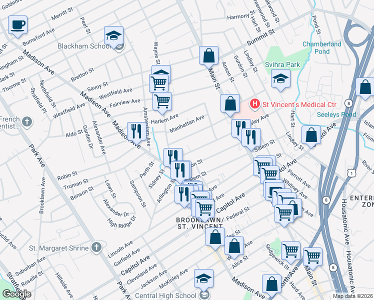 map of restaurants, bars, coffee shops, grocery stores, and more near 271 Bronx Avenue in Bridgeport
