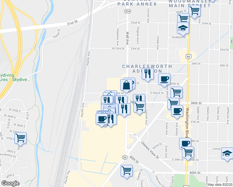 map of restaurants, bars, coffee shops, grocery stores, and more near 3500 Stephens Avenue in Ogden