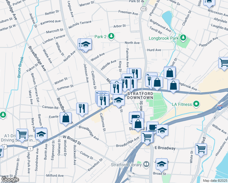 map of restaurants, bars, coffee shops, grocery stores, and more near 63 Nichols Avenue in Stratford