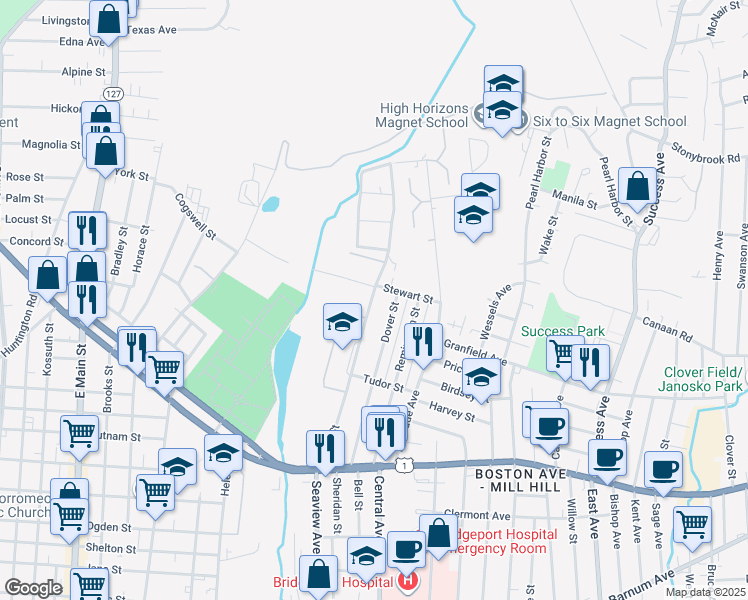 map of restaurants, bars, coffee shops, grocery stores, and more near 223-439 Bond Street in Bridgeport
