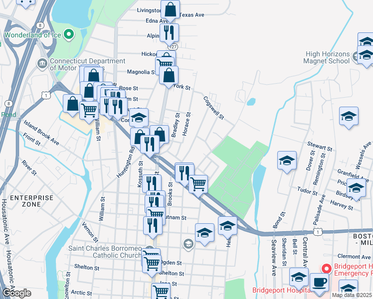 map of restaurants, bars, coffee shops, grocery stores, and more near 141 Goddard Avenue in Bridgeport