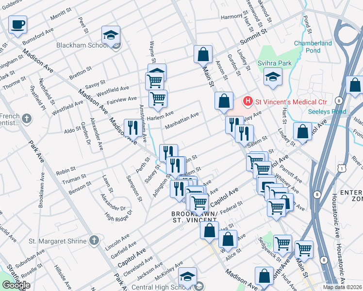 map of restaurants, bars, coffee shops, grocery stores, and more near 271 Bronx Avenue in Bridgeport