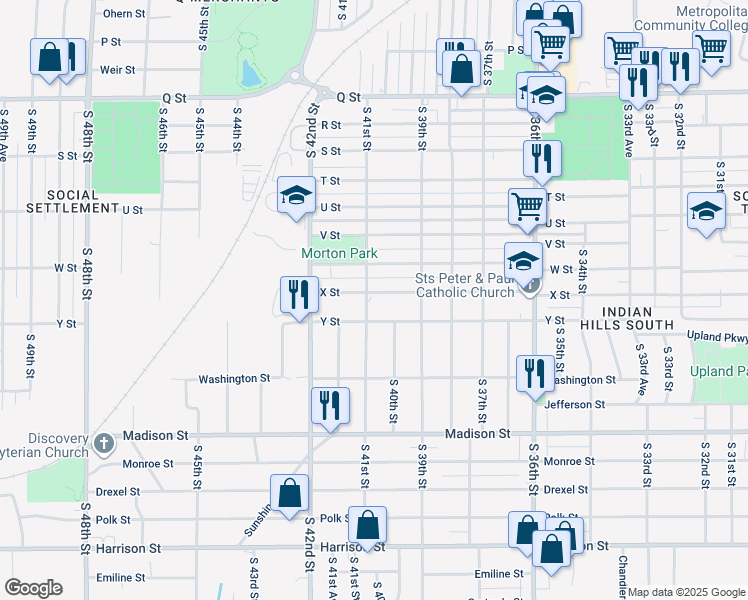 map of restaurants, bars, coffee shops, grocery stores, and more near 3946 X Street in Omaha