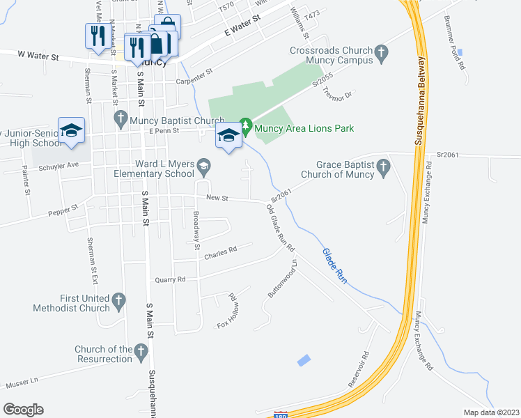 map of restaurants, bars, coffee shops, grocery stores, and more near 141-147 New Street in Muncy