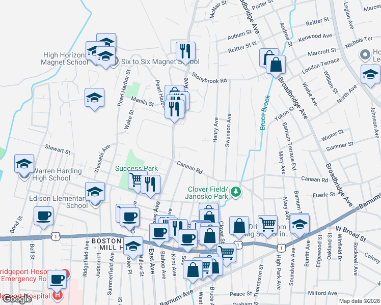 map of restaurants, bars, coffee shops, grocery stores, and more near 84 Canaan Court in Stratford