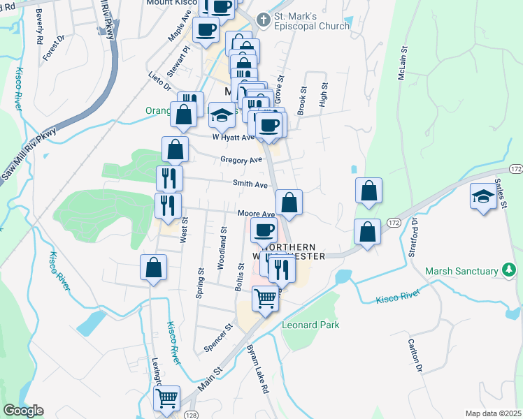 map of restaurants, bars, coffee shops, grocery stores, and more near 37 Moore Avenue in Mount Kisco