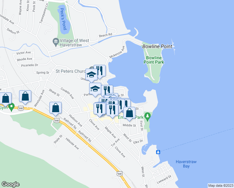 map of restaurants, bars, coffee shops, grocery stores, and more near 19 Clinton Street in Haverstraw