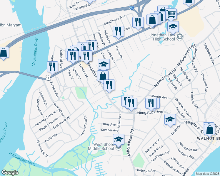map of restaurants, bars, coffee shops, grocery stores, and more near 13 Ridge Street in Milford