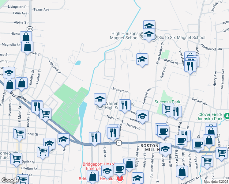 map of restaurants, bars, coffee shops, grocery stores, and more near 413 Dover Street in Bridgeport