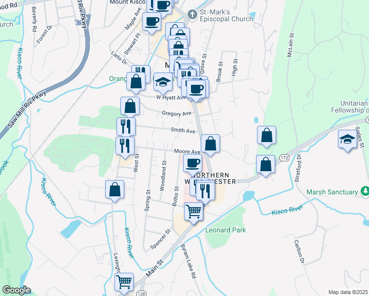 map of restaurants, bars, coffee shops, grocery stores, and more near 37 Moore Avenue in Mount Kisco