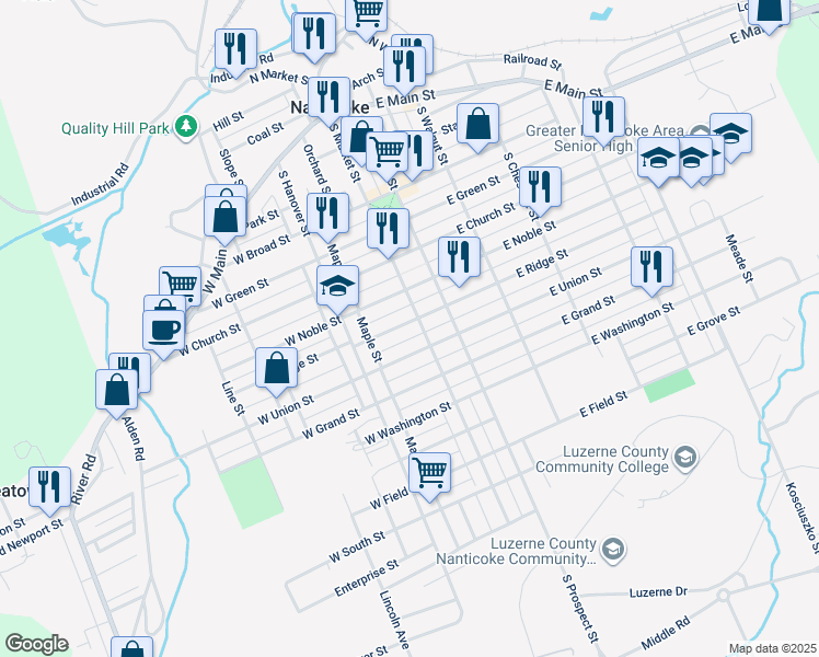 map of restaurants, bars, coffee shops, grocery stores, and more near 15 West Ridge Street in Nanticoke