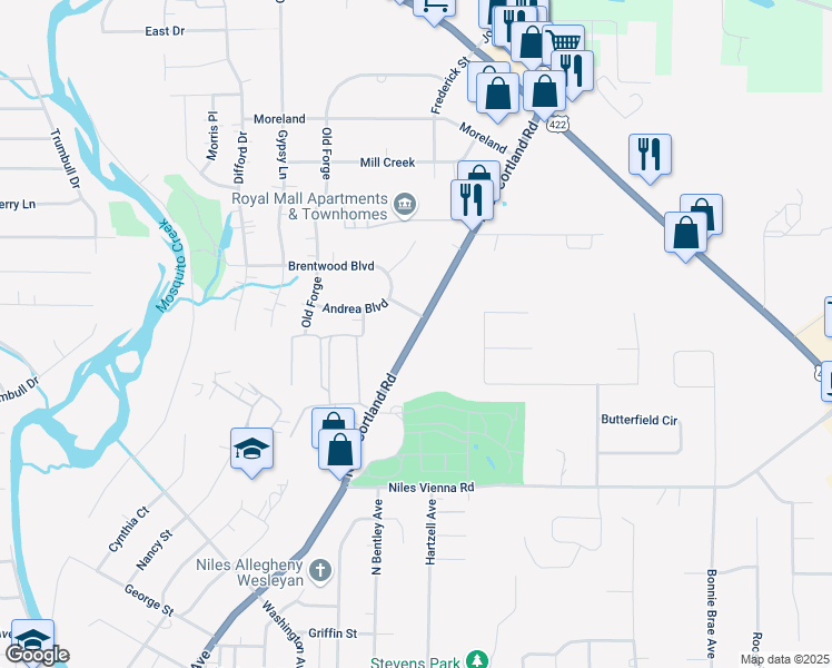 map of restaurants, bars, coffee shops, grocery stores, and more near 1317 Niles Cortland Road in Niles