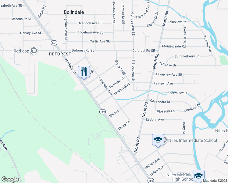 map of restaurants, bars, coffee shops, grocery stores, and more near 5 Heaton Boulevard in Niles