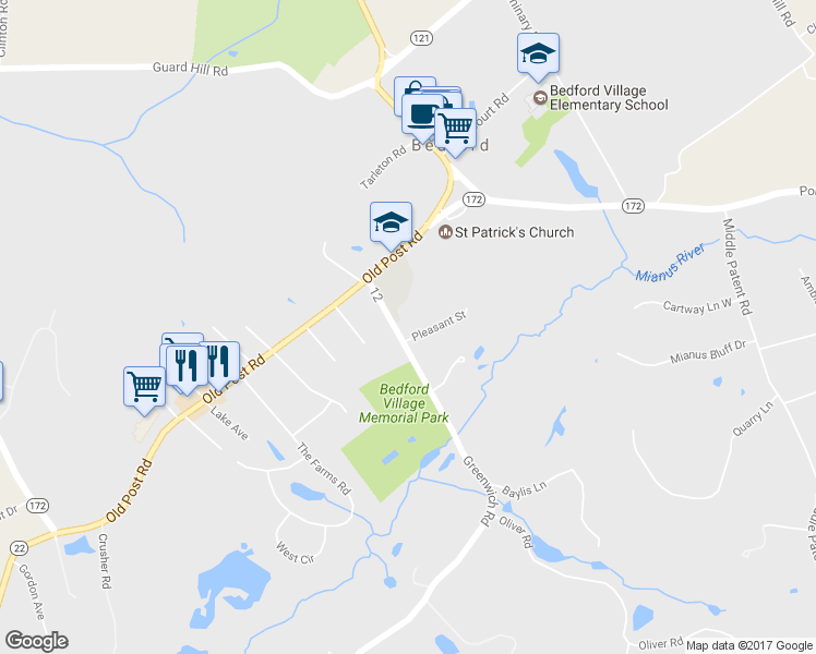 map of restaurants, bars, coffee shops, grocery stores, and more near 24 Greenwich Road in Bedford
