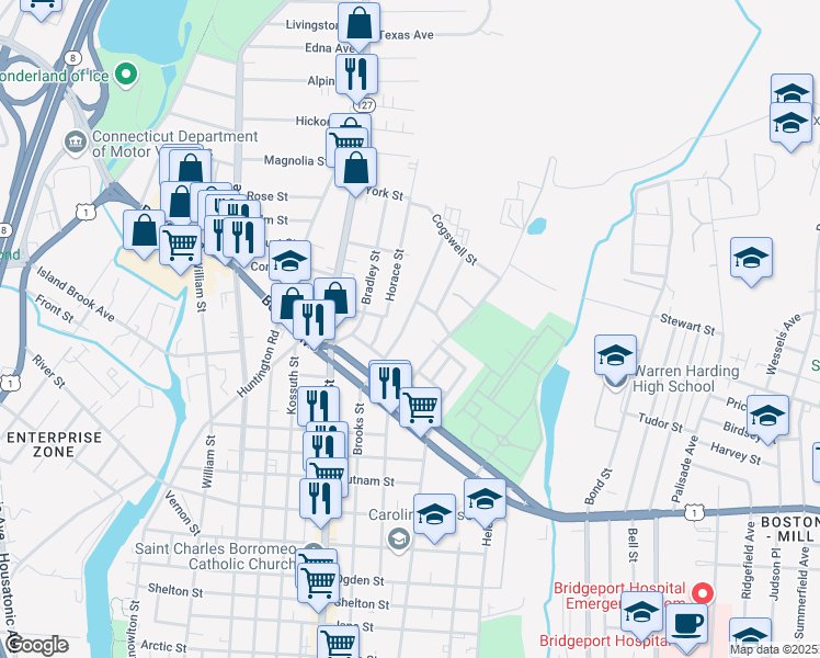 map of restaurants, bars, coffee shops, grocery stores, and more near 126 Goddard Avenue in Bridgeport