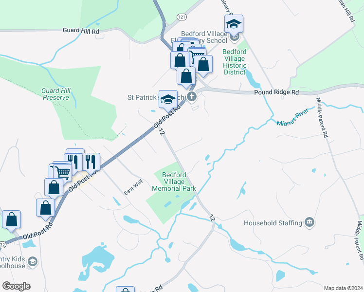 map of restaurants, bars, coffee shops, grocery stores, and more near 10 Pleasant Street in Bedford