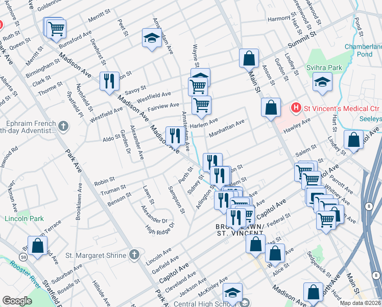 map of restaurants, bars, coffee shops, grocery stores, and more near 1406 Madison Avenue in Bridgeport