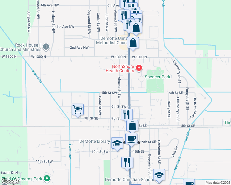 map of restaurants, bars, coffee shops, grocery stores, and more near 5th St SW in De Motte