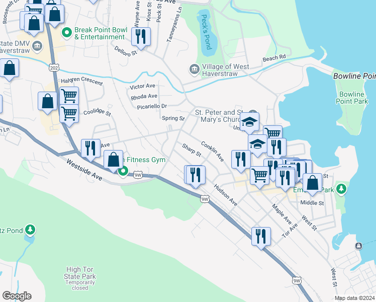map of restaurants, bars, coffee shops, grocery stores, and more near 22 Sharp Street in Haverstraw