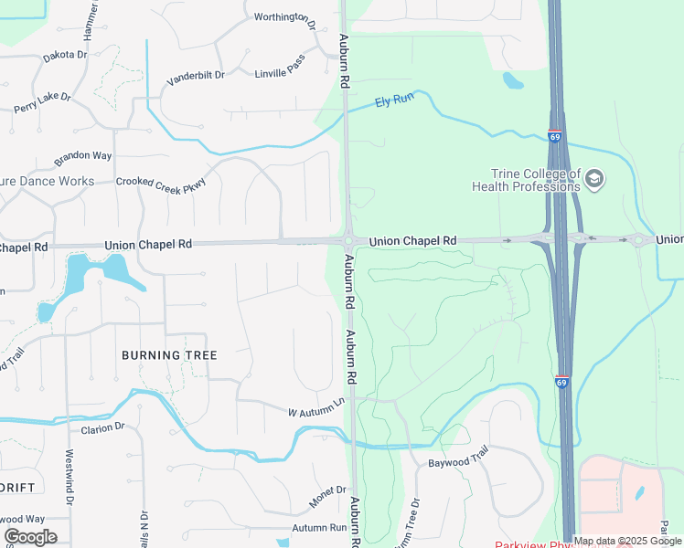 map of restaurants, bars, coffee shops, grocery stores, and more near 12523 Auburn Road in Fort Wayne