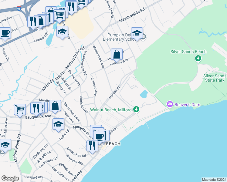 map of restaurants, bars, coffee shops, grocery stores, and more near 118 Monroe Street in Milford