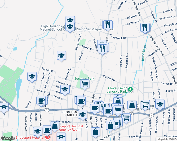 map of restaurants, bars, coffee shops, grocery stores, and more near 299 Court D in Bridgeport