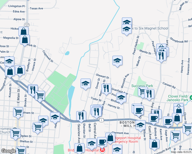map of restaurants, bars, coffee shops, grocery stores, and more near 413 Dover Street in Bridgeport
