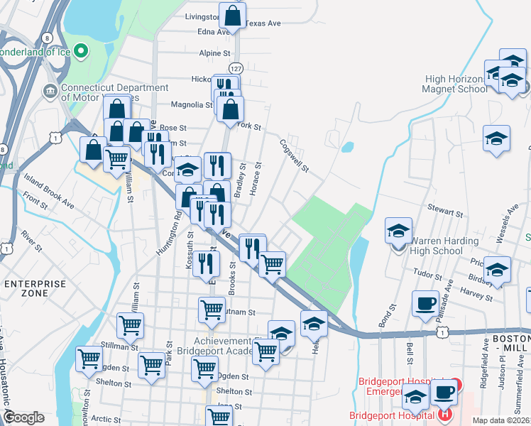 map of restaurants, bars, coffee shops, grocery stores, and more near 141 Goddard Avenue in Bridgeport