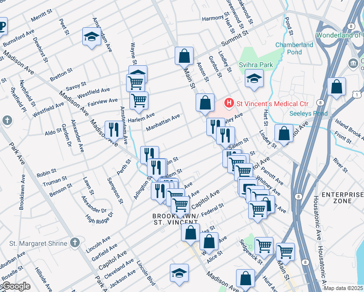 map of restaurants, bars, coffee shops, grocery stores, and more near 508 Hawley Avenue in Bridgeport