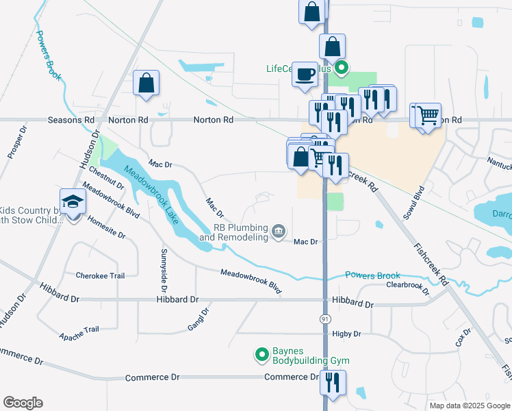 map of restaurants, bars, coffee shops, grocery stores, and more near 1453 Mac Drive in Stow