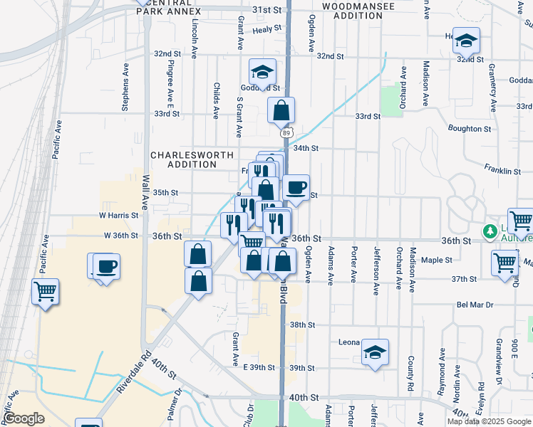 map of restaurants, bars, coffee shops, grocery stores, and more near 3532 Riverdale Road in Ogden