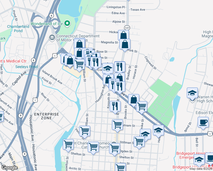 map of restaurants, bars, coffee shops, grocery stores, and more near 442 Huntington Road in Bridgeport