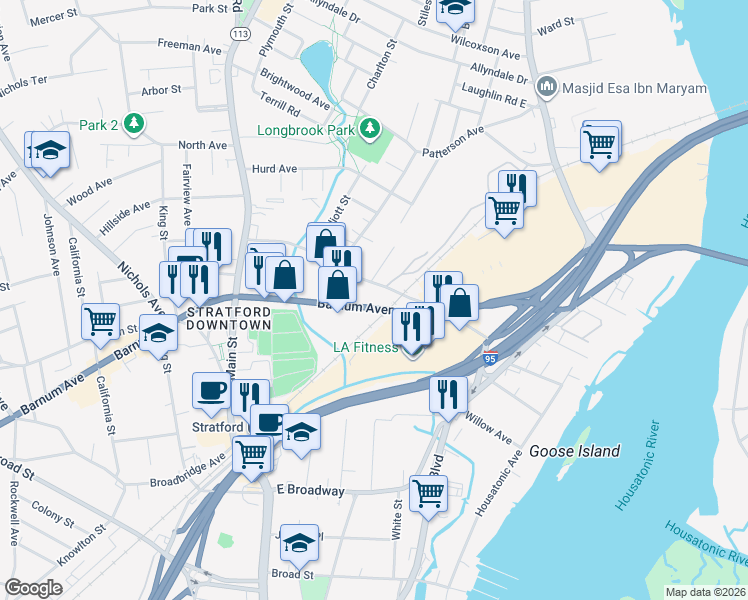 map of restaurants, bars, coffee shops, grocery stores, and more near 720 Barnum Avenue Cutoff in Stratford
