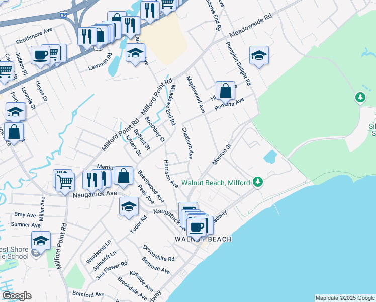 map of restaurants, bars, coffee shops, grocery stores, and more near 70 Chatham Avenue in Milford