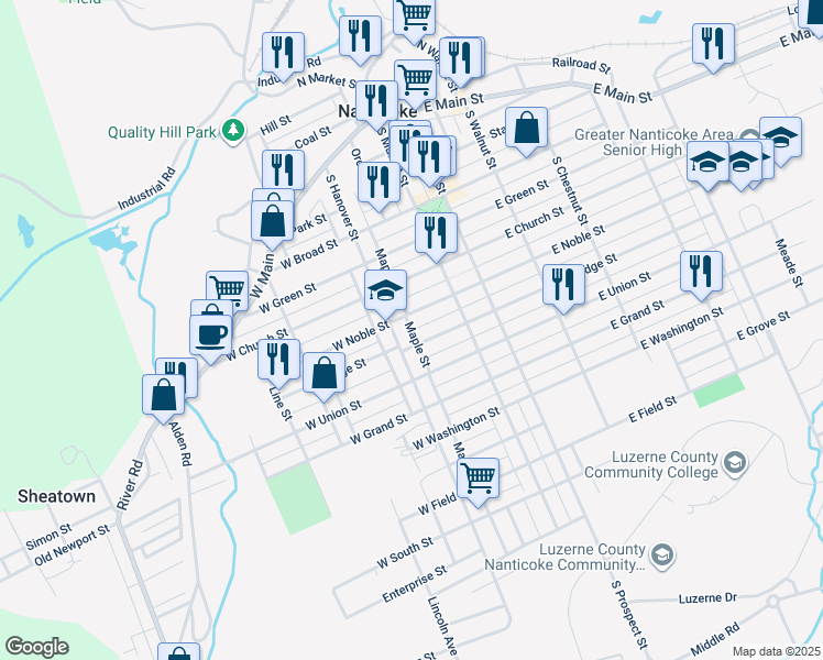 map of restaurants, bars, coffee shops, grocery stores, and more near 549 Maple Street in Nanticoke