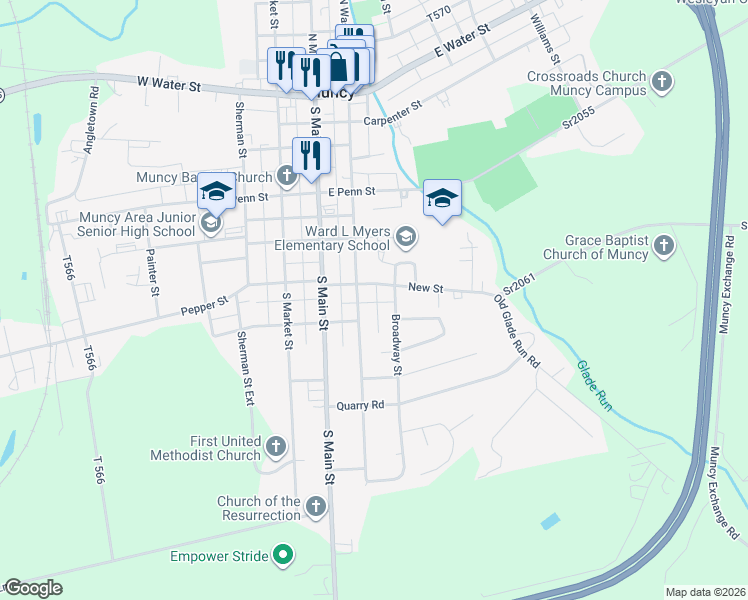 map of restaurants, bars, coffee shops, grocery stores, and more near 106 New Street in Muncy