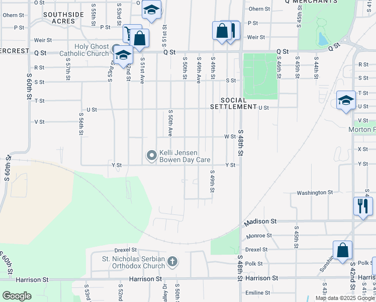 map of restaurants, bars, coffee shops, grocery stores, and more near 5901 S 50th St in Omaha
