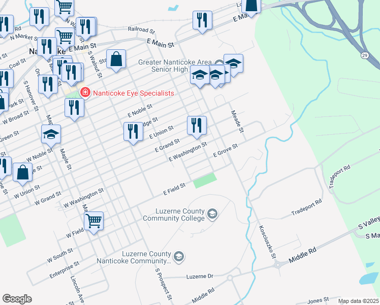 map of restaurants, bars, coffee shops, grocery stores, and more near 365 East Washington Street in Nanticoke