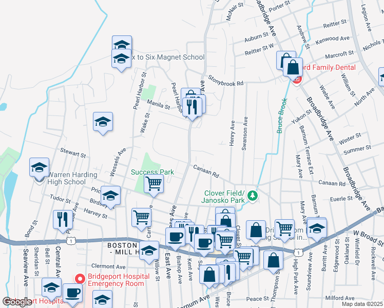 map of restaurants, bars, coffee shops, grocery stores, and more near 440 Success Avenue in Bridgeport