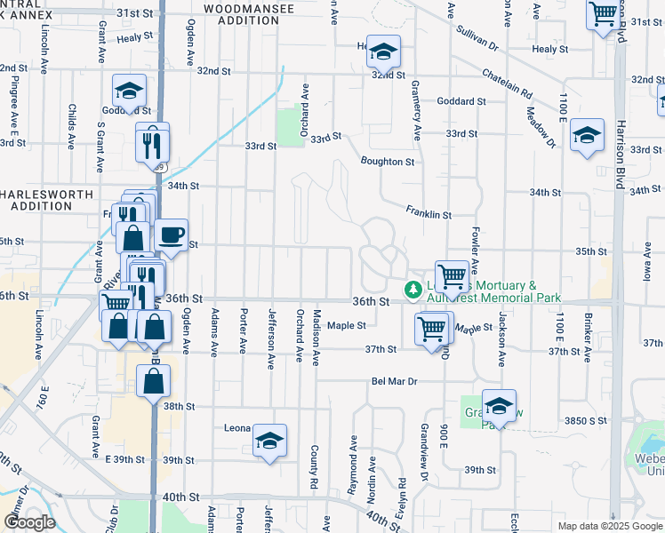map of restaurants, bars, coffee shops, grocery stores, and more near 3530 Madison Avenue in Ogden