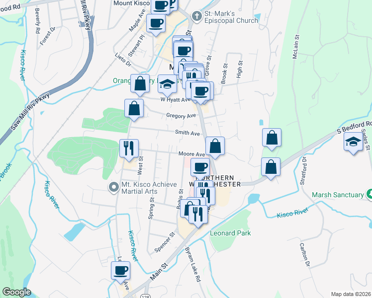 map of restaurants, bars, coffee shops, grocery stores, and more near 37 Moore Avenue in Mount Kisco