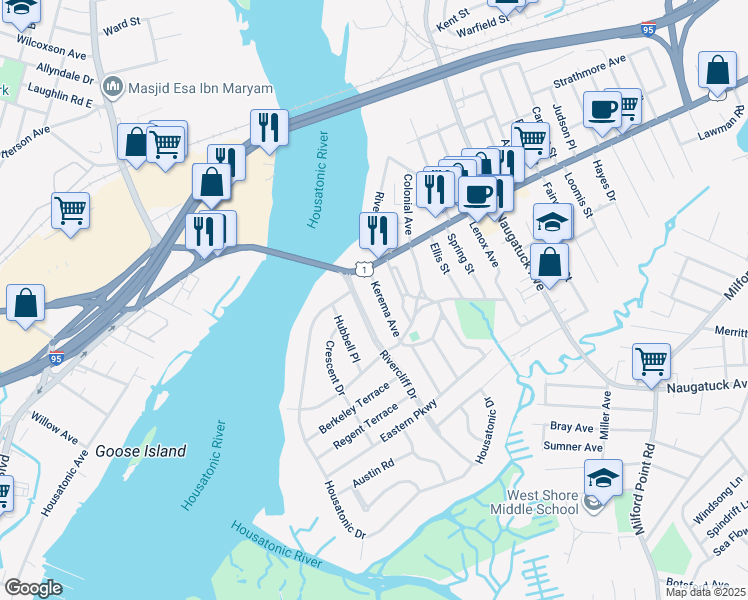 map of restaurants, bars, coffee shops, grocery stores, and more near 27 Kerema Avenue in Milford